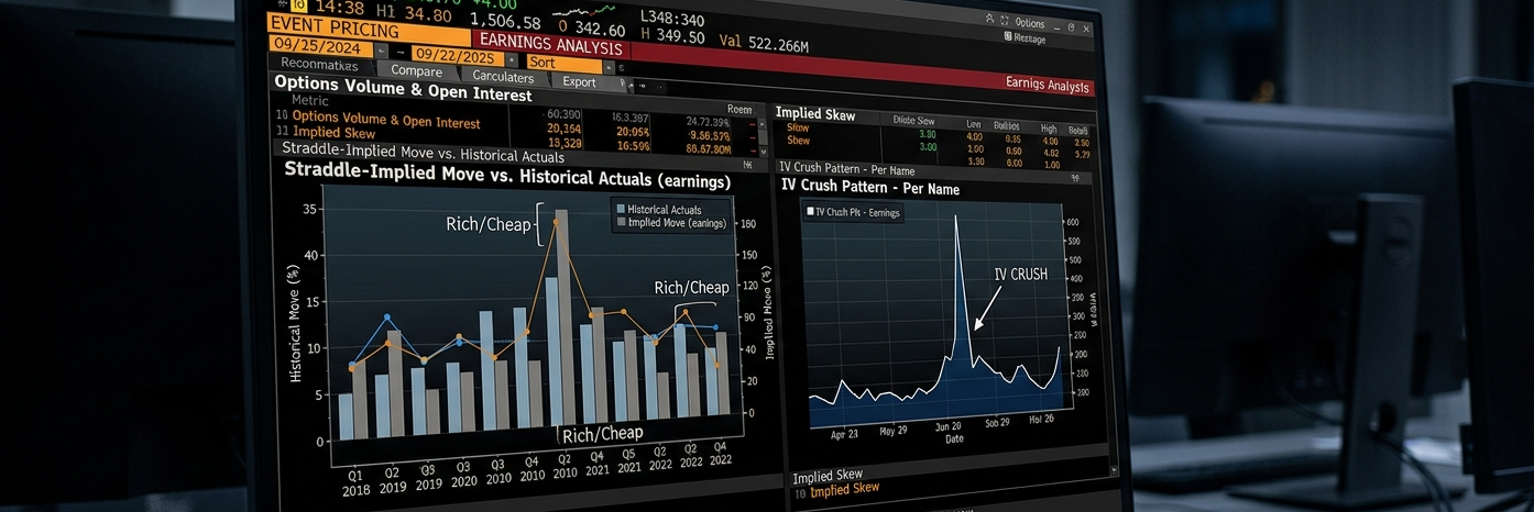Event Lab — straddle-implied earnings move charted against historical actual moves by quarter, beside a per-name IV crush pattern